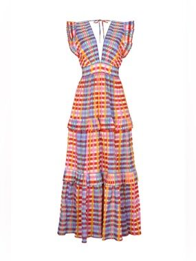 De Loreta Colorful Check Tiered Maxi Dress with Flutter Cap Sleeves